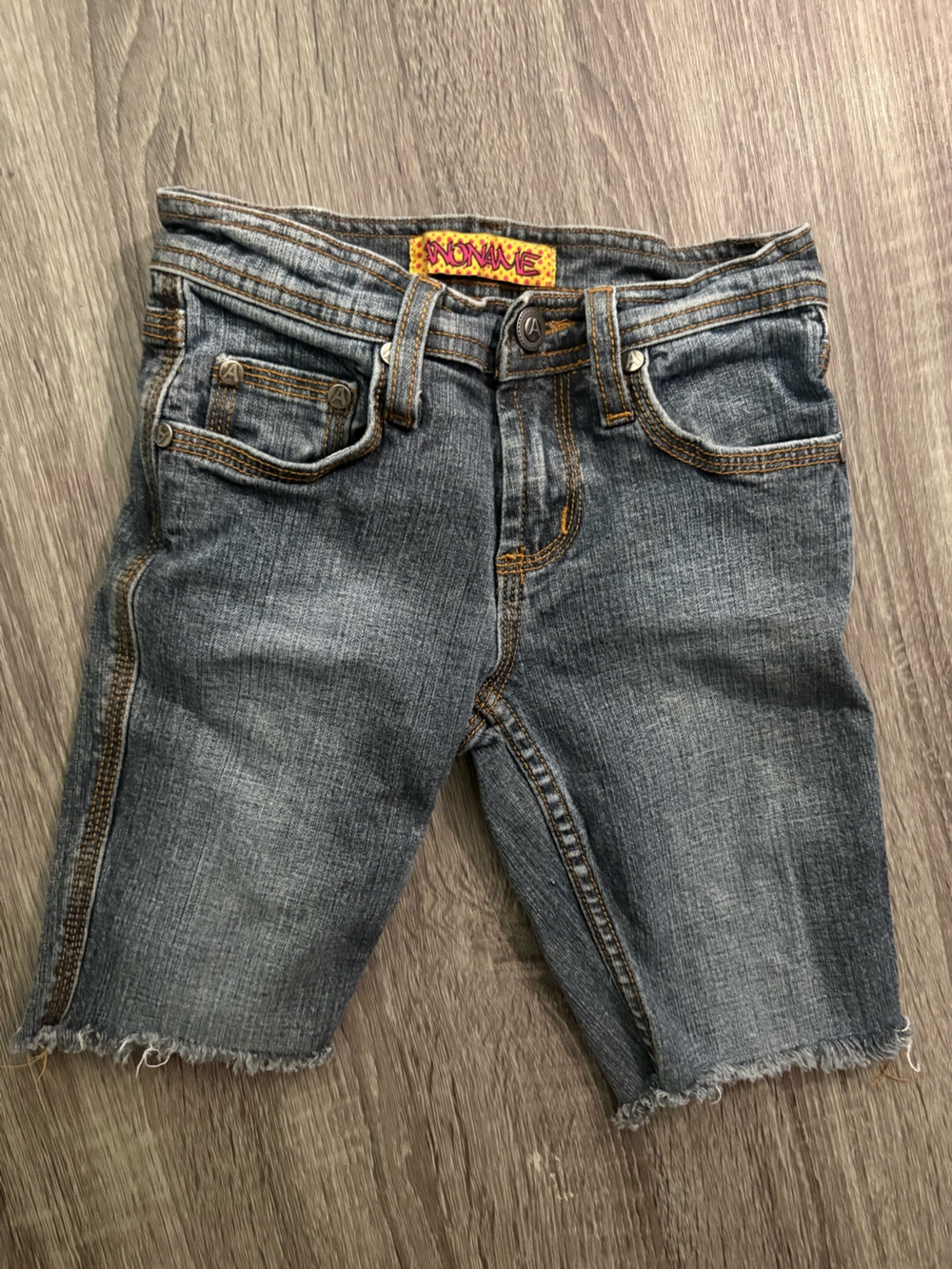 Anoname Kids Gray Denim Cutoff Shorts with Brown Stitching